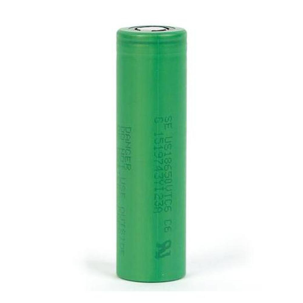 Sony VTC6 US18650 rechargeable lithium-ion battery with flat top design, green color, and specifications for high performance.